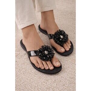 Coach Black Patent Leather Slide Sandals Floral Rosette Slip On Open Toe Women's